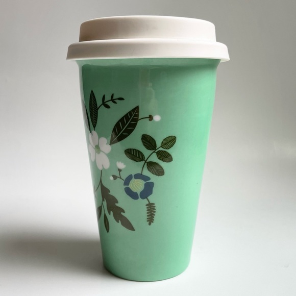 Travel Cup Tall Monogram E Green White Blue Silicone Lid Porcelain Coffee Floral - Picture 4 of 16
